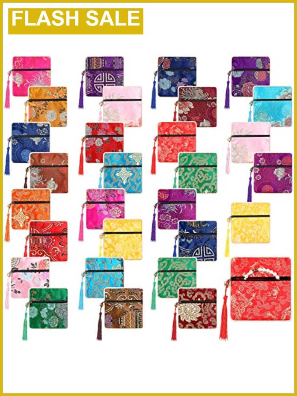 Set of 30 Silk Brocade Coin Purses with Tassel Chinese Embroidered Jewelry Bags